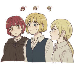  1boy 2girls armin_arlert bad_id bad_pixiv_id blonde_hair blue_eyes brown_eyes brown_hair cape chibi chibi_inset cloak collared_shirt confused krista_lenz long_hair look-alike multiple_girls nifa_(shingeki_no_kyojin) otoko_no_ko pi0w0pi ponytail red_hair shingeki_no_kyojin shirt short_hair sweat sweatdrop tied_hair trait_connection vest yellow_eyes 