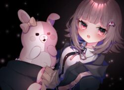  black_background black_jacket black_thighhighs blush breasts brown_skirt collared_shirt commentary danganronpa_(series) danganronpa_2:_goodbye_despair dress_shirt eringikinono female flipped_hair galaga hair_ornament jacket looking_at_viewer monomi_(danganronpa) nanami_chiaki neck_ribbon open_clothes open_jacket pink_eyes pink_hair pink_ribbon ribbon shirt shirt_tucked_in skirt spaceship_hair_ornament thighhighs white_shirt wing_collar zettai_ryouiki 