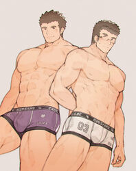  2boys abs ass_grab bad_id bad_pixiv_id bara black_hair blush boxer_briefs brown_hair bulge chataro1412 couple feet_out_of_frame glasses large_pectorals looking_at_another male_focus male_underwear motoori_shiro multiple_boys muscular muscular_male navel nipples pectorals print_male_underwear protagonist_3_(housamo) purple_male_underwear rimless_eyewear short_hair smile sweatdrop thick_eyebrows thick_thighs thighs tokyo_afterschool_summoners topless_male underwear underwear_only white_male_underwear yaoi 