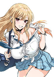  bag bag_charm black_choker blonde_hair blue_necktie blue_skirt bracelet breasts charm_(object) choker cleavage commentary_request earrings female fingernails grin gyaru hand_up highres jewelry kitagawa_marin kogal kojima_saya large_breasts leaning_forward looking_at_viewer miniskirt nail_polish necktie nikaidou_shion pink_eyes pink_nails pleated_skirt school_uniform shirt shoulder_bag simple_background skirt smile solo sono_bisque_doll_wa_koi_wo_suru tied_shirt white_background white_shirt 