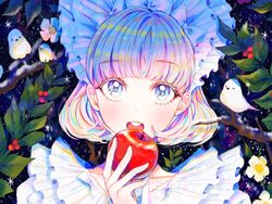  43_pon animal apple bird blue_eyes blunt_bangs braid branch commentary female food fruit hairband headdress holding holding_food holding_fruit holly lolita_fashion lolita_hairband looking_at_viewer multicolored_hair open_mouth original portrait short_hair snow solo symbol-only_commentary 