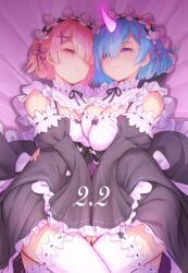  2girls asymmetrical_docking blue_eyes blue_hair blush breast_press breasts cleavage detached_sleeves frilled_sleeves frills hair_ornament hair_over_one_eye hair_ribbon highres horns looking_at_viewer maid maid_headdress medium_breasts multiple_girls oni pink_eyes pink_hair ram_(re:zero) re:zero_kara_hajimeru_isekai_seikatsu rem_(re:zero) ribbon ribbon-trimmed_legwear ribbon-trimmed_sleeves ribbon_trim roswaal_mansion_maid_uniform short_hair siblings single_horn sisters small_breasts smile thighhighs tomamatto twins white_thighhighs x_hair_ornament 