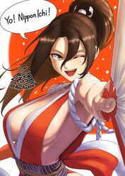  artist_name bare_shoulders blush breasts brown_eyes brown_hair cleavage commentary_request fatal_fury female fingernails hair_ornament hand_fan hand_up high_ponytail highres holding large_breasts lips long_hair ninja no_bra obi one_eye_closed open_mouth ponytail revealing_clothes rog_rockbe rope sash shiranui_mai signature simple_background sleeveless smile solo speech_bubble teeth the_king_of_fighters upper_body 