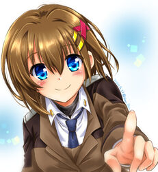  black_shirt blue_eyes blue_necktie brown_jacket closed_mouth dated dress_shirt female foreshortening hair_ornament jacket long_sleeves looking_at_viewer lyrical_nanoha mahou_shoujo_lyrical_nanoha_strikers military military_uniform necktie pointing pointing_at_viewer san-pon shirt short_hair smile solo tsab_ground_military_uniform twitter_username uniform white_shirt wing_collar x_hair_ornament yagami_hayate 