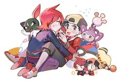  2boys :d aipom anger_vein backwards_hat black_footwear black_hair blush capri_pants character_doll chibi closed_mouth commentary_request cowlick doll ethan_(pokemon) flying_sweatdrops hat holding holding_doll huan_li implied_yaoi jacket long_hair male_focus mareep multiple_boys open_mouth pants pokemon pokemon_(creature) pokemon_hgss purple_pants red_hair red_jacket shoes short_hair silver_(pokemon) smile sneasel sweatdrop togepi_egg tongue 