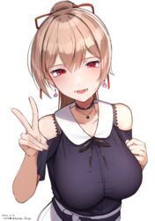  :d bare_shoulders black_ribbon black_shirt blush breasts brown_hair clothing_cutout collarbone collared_shirt commentary_request earrings female furen_e_lustario furen_e_lustario_(2nd_costume) hair_between_eyes hair_ribbon hand_up high_ponytail highres hirota_fruit jewelry large_breasts long_hair looking_at_viewer nijisanji open_mouth pleated_skirt ponytail red_eyes red_ribbon ribbon shirt short_sleeves shoulder_cutout simple_background skirt smile solo upper_body v virtual_youtuber white_background white_skirt 