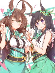  2girls ;) ahoge animal_ears bare_shoulders black_hair blue_bow blue_skirt blush bow breasts brown_hair center_frills closed_mouth commentary_request ear_bow frills gloves green_bow green_skirt hair_between_eyes hands_up heart highres horse_ears horse_girl long_hair medium_breasts mejiro_bright_(umamusume) mejiro_dober_(umamusume) multiple_girls one_eye_closed pleated_skirt puffy_short_sleeves puffy_sleeves purple_eyes rinrin_(927413) shirt short_sleeves skirt sleeveless sleeveless_shirt smile umamusume very_long_hair white_background white_gloves yellow_eyes 