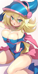  bare_shoulders blonde_hair blue_eyes blue_headwear blush blush_stickers breasts cleavage dark_magician_girl duel_monster female highres large_breasts long_hair looking_at_viewer open_mouth pentacle shimejinameko showgirl_skirt solo thighs yu-gi-oh! 