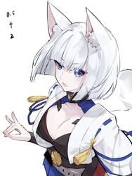  animal_ear_fluff animal_ears azur_lane blue_eyes bob_cut breasts cleavage completion_time female fox_ears fox_shadow_puppet highres kaga_(azur_lane) large_breasts looking_at_viewer medium_hair neko_(ganecooo) oerba_yun_fang open_mouth simple_background skin_fang solo white_background white_hair 