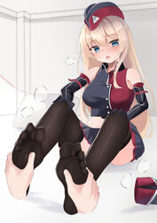  1other absurdres black_gloves blonde_hair blue_eyes blush breasts brown_thighhighs collared_shirt commission convenient_leg cropped_shirt disembodied_hand elbow_gloves f2000_(girls&#039;_frontline) feet female foot_focus foot_massage full_body girls&#039;_frontline gloves grey_background grey_headwear grey_shirt hair_between_eyes hands_on_own_knees highres impossible_clothes impossible_shirt indoors knees_up large_breasts legs looking_at_viewer lts_kakuyo midriff military military_uniform miniskirt mole mole_on_leg no_shoes pixiv_commission pleated_skirt red_headwear red_shirt shirt shoes sidelocks sitting skirt sleeveless sleeveless_shirt soles solo_focus spread_toes sweatdrop thighhighs toenails toes two-tone_shirt uniform unworn_shoes 