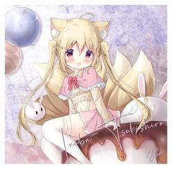  ahoge akatsuki_(ytkg5558) animal_ear_fluff animal_ears artist_name balloon bangs beige_shirt blonde_hair blush border bow bowtie capelet cat_ears cat_girl cat_tail chinese_commentary collared_shirt commentary_request crop_top eyebrows_visible_through_hair feet_out_of_frame female food frilled_capelet frills hair_between_eyes highres lolicon long_sleeves looking_at_viewer navel open_mouth original pink_capelet pink_skirt pudding red_bow red_bowtie red_eyes shirt sitting_on_food skirt solo stomach stuffed_animal stuffed_toy tail thighhighs twintails white_border white_legwear 