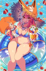  :3 afloat animal_ear_fluff animal_ears bikini blue_bikini dessert fate/grand_order fate_(series) female food fox_ears fox_girl fox_tail fruit hat highres holding holding_spoon ice_cream innertube navel ocean parfait queen_ashi side-tie_bikini_bottom solo spoon straw_hat summer sun_hat swim_ring swimsuit tail tamamo_(fate) tamamo_no_mae_(swimsuit_lancer)_(fate) tongue tongue_out yellow_eyes 