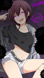  belt black_shirt crop_top female grey_jacket highres jacket midriff oerba_yun_fang open_mouth purple_eyes purple_hair rummy_73 shima_(utaite) shimako_(urashimasakatasen) shirt short_hair shorts solo stomach urashimasakatasen utaite white_shorts 