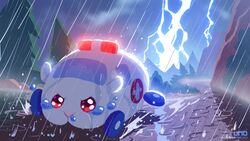  ambulance ambulance_molcar cliff cross greek_cross highres lightning molcar no_humans pine_tree puddle pui_pui_molcar rain red_cross storm tearing_up tree uno_yuuji water_drop wet 