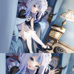  alternate_costume ao-chan_(ninomae_ina&#039;nis) bed bloop_(gawr_gura) blue_eyes blue_hair blue_nails blush closed_mouth commentary_request female fins fish_tail gawr_gura grey_hair highres hololive hololive_english lamp maid maid_headdress multicolored_hair nail_polish oerba_yun_fang on_bed parted_lips pillow ponnu_(nikeytina) robotic_vacuum_cleaner shadow shark_tail sitting skin_fang streaked_hair tail virtual_youtuber 