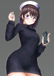  beret black_sweater blush breasts brown_hair cellphone closed_mouth commentary_request commission female glasses grey_background hair_ornament hairclip hands_up hat heart heart_hair_ornament highres holding holding_phone long_sleeves looking_at_viewer medium_breasts original phone prophosphere puffy_long_sleeves puffy_sleeves purple_eyes simple_background smile solo sweater white_hat 