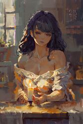  absurdres artist_name bare_shoulders blush breasts candle candlelight candlestand cleavage commentary faux_traditional_media female genshin_impact highres large_breasts lipstick long_hair looking_at_object makeup painterly purple_eyes purple_hair purple_lips raiden_shogun ravine_bells shirt solo 