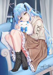  ahoge bare_legs blue_hair breasts brown_skirt colored_tips commentary couch elf feet female hair_between_eyes hair_ribbon heart heart_ahoge highres hololive large_breasts legs long_hair looking_at_viewer multicolored_hair official_alternate_costume official_alternate_hairstyle pillow pointy_ears ribbon skirt skyrail socks solo streaked_hair toes very_long_hair virtual_youtuber yellow_eyes yukihana_lamy yukihana_lamy_(casual) yukimin_(yukihana_lamy) 