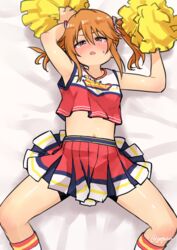  armpits arms_up black_eyes blush breasts cheerleader collarbone commentary_request female gojarun hair_between_eyes hair_ribbon highres idolmaster idolmaster_cinderella_girls idolmaster_cinderella_girls_starlight_stage looking_at_viewer lying medium_hair midriff miniskirt multicolored_clothes navel on_bed open_mouth orange_hair pleated_skirt pom_pom_(cheerleading) print_shirt red_skirt red_tank_top ribbon shirt shorts shorts_under_skirt signature skirt small_breasts socks solo spread_legs tank_top twintails yuuki_haru 