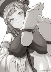  armlet bare_shoulders beret blunt_bangs blush braid closed_mouth detached_sleeves erune eyeliner feet feet_up female foot_focus granblue_fantasy greyscale hat highres hugging_own_legs long_hair long_sleeves looking_at_viewer makeup monochrome no_shoes nosuku pholia quad_braids short_eyebrows side_braids smile soles solo stirrup_legwear thighhighs toeless_legwear toenails toes wide_sleeves 