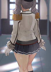  ass back beret black_skirt epaulettes female gloves grey_hair hat ikuchan_kaoru jacket kantai_collection kashima_(kancolle) long_hair long_sleeves military_jacket skirt solo thighs twintails wavy_hair white_gloves white_jacket 