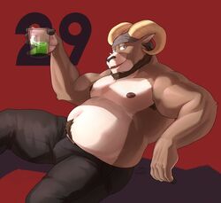  1boy absurdres animal_ears armpit_hair bara beard black_pants carl_hendricks character_age cup drink echo_(visual_novel) echo_project english_commentary facial_hair fat furry furry_male green_eyes highres holding holding_cup holding_drink horns looking_at_viewer male_focus navel nipples open_mouth pants pectorals plump pubic_hair red_background sheep_boy sheep_ears sheep_horns shibacream smile topless_male 