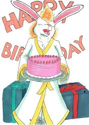  anthro birthday cake dessert female fire food gift hi_res lagomorph leporid mammal mera_(nyghtmar3) mystical nyghtmar3 rabbit solo traditional_media_(artwork) 