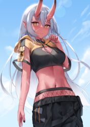  absurdres akumi_(yoclesh) black_pants blue_sky breasts cleavage cleavage_cutout clothing_cutout cloud colored_skin crop_top day female hair_between_eyes highres horns medium_breasts midriff navel oni_horns pants red_horns red_skin skai_kun sky solo virtual_youtuber vyugen white_hair yellow_eyes 