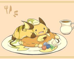  2016 5:4 alolan_form alolan_raichu ambiguous_gender banana blackberry_(fruit) blueberry_(fruit) butter container cup dairy_products duo food fruit generation_1_pokemon generation_7_pokemon grape hi_res kitchen_utensils nintendo plant plate pokemon pokemon_(species) raichu raspberry regional_form_(pokemon) syrup tools wadorigi whipped_cream 