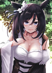  animal_ears bad_id bad_twitter_id black_dress black_hair blue_eyes breasts cleavage collarbone detached_sleeves dirndl dress eishin_flash_(umamusume) female german_clothes hair_ornament highres horse_ears ibara_azuki large_breasts looking_at_viewer medium_hair outdoors smile solo swept_bangs two-tone_dress umamusume white_dress wide_sleeves 