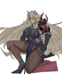  barghest_(fate) barghest_(second_ascension)_(fate) blonde_hair blood blood_on_face breasts cham-bn-cham fate/grand_order fate_(series) female green_eyes heterochromia high_heels highres large_breasts long_hair muscular muscular_female red_eyes simple_background thick_thighs thighs very_long_hair white_background 