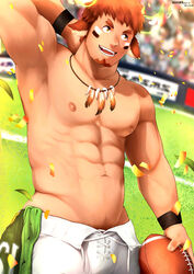  1boy abs american_football american_football_(object) american_football_uniform animal_ears armpits ball bara brown_eyes brown_hair bulge confetti cow_boy cow_ears cow_horns cowboy_shot dark-skinned_male dark_skin eye_black facial_hair feather_necklace field fiery_horns forked_eyebrows glowing_horns goatee groin holding holding_ball horns jewelry jiong_(7285153) large_pectorals looking_to_the_side male_focus male_pubic_hair muscular muscular_male navel necklace nipples pectorals pubic_hair short_hair shorts smile solo spiked_hair sportswear stomach thick_eyebrows tokyo_afterschool_summoners topless_male wakan_tanka white_shorts 