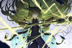  ahoge arknights bandolier bare_shoulders big_hair black_dress black_gloves blue_eyes breasts coat constricted_pupils dress english_commentary expressionless female fingerless_gloves floating_rock gloves green_hair holding holding_staff horns jacket leather_choker leizi_(arknights) long_coat long_dress long_hair looking_at_viewer off_shoulder open_clothes open_jacket pointy_ears powering_up q9q serious sleeveless sleeveless_dress small_breasts smoke solo staff very_long_hair white_coat wide_sleeves 