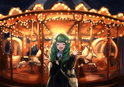  bag blush carousel closed_eyes commentary_request female fire_emblem fire_emblem:_three_houses flayn_(fire_emblem) garreg_mach_monastery_uniform green_hair highres horse long_hair mihitashi open_mouth solo waving 