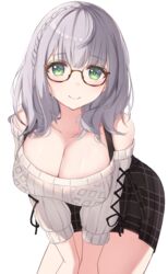  absurdres black_skirt blush braid breasts cleavage closed_mouth commentary cowboy_shot female glasses green_eyes grey_hair highres hololive large_breasts leaning_forward looking_at_viewer medium_hair nyuu_(pixiv12143565) plaid plaid_skirt shirogane_noel shirogane_noel_(casual) simple_background skirt sleeves_past_elbows smile solo virtual_youtuber wavy_hair white_background 