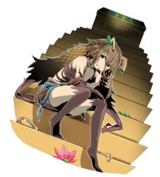  absurdres barefoot body_markings brown_hair brown_skirt brown_tube_top duel_monster female highres sarcophagus sitting skirt solo stairs strapless temple_of_the_kings tomiyama_mishiro torn_clothes transparent_background traptrix_holeutea tube_top yellow_eyes yu-gi-oh! 