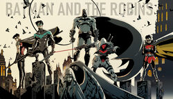  5boys bat_(animal) batman batman_(series) bird black_cape black_hair bo_staff bodysuit bruce_wayne cape character_name commentary crossed_arms damian_wayne dc_comics dexter_soy dick_grayson domino_mask dove english_text escrima_sticks eye_mask floating_cape helmet highres holding holding_weapon hood hood_up jason_todd katana male_focus mask multiple_boys nightwing outdoors red_hood_(dc) red_robin robin_(dc) sheath sheathed short_hair skin_tight spandex standing superhero_costume sword sword_behind_back tim_drake weapon weapon_on_back 