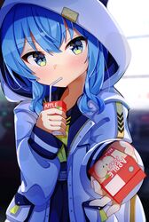  100ton250 absurdres apple_juice blue_eyes blue_hair blush commentary_request drink drinking drinking_straw drinking_straw_in_mouth female highres holding holding_drink hololive hood hood_up hooded_jacket hoshimachi_suisei hoshimachi_suisei_(school_uniform) incoming_drink jacket juice juice_box long_hair long_sleeves looking_at_viewer official_alternate_costume official_alternate_hair_length official_alternate_hairstyle open_clothes open_jacket solo upper_body virtual_youtuber white_jacket 