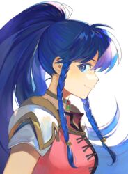  armor blue_eyes blue_hair braid choker commentary_request female fire_emblem fire_emblem:_the_sacred_stones highres kyufe long_hair pauldrons ponytail shoulder_armor sidelocks simple_background solo tana_(fire_emblem) white_background 