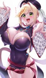  absurdres ahoge blonde_hair breasts china_dress chinese_clothes cleavage commentary_request cosplay covered_navel dress fangs fate/extra fate/grand_order fate_(series) female green_eyes hair_intakes hat highres jiangshi jiangshi_costume large_breasts nero_claudius_(fate) nero_claudius_(fate/extra) ofuda pelvic_curtain qingdai_guanmao shuten_douji_(fate) shuten_douji_(fate)_(cosplay) shuten_douji_(festival_outfit)_(fate) shuten_douji_(festival_outfit)_(fate)_(cosplay) solo talisman tongue tongue_out vampire_costume wide_sleeves yayoi_maka 