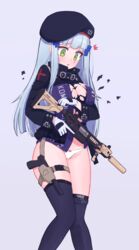  assault_rifle bebetang beret black_hat blue_hair bow bow_panties breasts cleavage commentary cowboy_shot facial_mark female girls&#039;_frontline gloves green_eyes gun h&amp;k_hk416 hair_ornament handgun hat highres hk416_(girls&#039;_frontline) holding holding_gun holding_weapon holstered jacket korean_commentary large_breasts long_hair long_sleeves no_pants panties purple_thighhighs rifle solo suppressor surprised thighhighs torn_clothes torn_jacket trigger_discipline underwear vertical_foregrip weapon white_gloves white_panties 