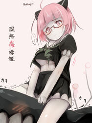  ...? abyssal_plum_princess abyssal_ship ahoge akino_shuu black_skirt blush breasts character_name closed_mouth commentary_request female glasses green_neckerchief kantai_collection large_breasts motion_lines neckerchief pale_skin pink_background pink_eyes pink_hair puffy_short_sleeves puffy_sleeves red-framed_eyewear sailor_collar short_hair short_sleeves simple_background skirt solo teeth twitter_username underboob white_sailor_collar 