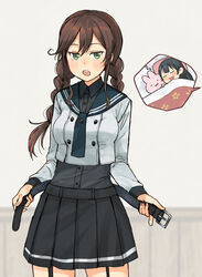  2girls agano_(kancolle) annin_musou bad_id bad_twitter_id belt belt_buckle black_belt black_hair black_shirt black_skirt blue_sailor_collar blush brown_hair buckle buttons closed_eyes collared_shirt cowboy_shot green_eyes hair_between_eyes highres kantai_collection long_hair long_sleeves multiple_girls noshiro_(kancolle) noshiro_kai_ni_(kancolle) open_mouth pleated_skirt sailor_collar shirt skirt sleeping stuffed_animal stuffed_rabbit stuffed_toy zzz 