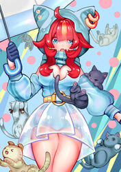  &gt;_&lt; :o absurdres ahoge animal_ears animal_hood bad_id bad_pixiv_id bell belt blue_eyes blue_gloves blush breasts cat_earrings cat_ears cat_hood colorful cowboy_shot ear_piercing earrings feline female gloves hair_flaps half_gloves highres holding holding_umbrella hood jewelry jingle_bell long_hair long_sleeves looking_at_viewer multicolored_hair oerba_yun_fang original piercing puffy_long_sleeves puffy_sleeves raincoat rasukii_(pamiton) red_hair see-through sidelocks skin_fang skirt solo streaked_hair thighs transparent_raincoat umbrella 