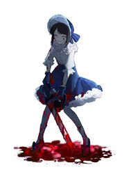  bad_id bad_pixiv_id blood blood_in_hair blood_on_clothes blood_on_face blood_on_hands blood_on_leg blood_splatter blue_eyes blue_gloves blue_headwear bonnet bow brown_hair censored chainsaw closed_eyes commentary_request dress emma_woods emma_woods_(boudoir_dream) female frilled_dress frilled_gloves frilled_sleeves frills full_body gloves highres holding holding_chainsaw holding_weapon identity_v kouri_(kyorosuukeeeeeee) layered_dress official_alternate_costume pool_of_blood short_hair simple_background smile solo weapon white_background 