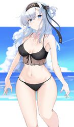  beach bikini black_bikini black_headband breasts calin clothes_writing female hachimaki hair_between_eyes headband highres kantai_collection long_hair looking_at_viewer navel one_side_up solo stomach suzutsuki_(kancolle) suzutsuki_(swimsuit_mode)_(kancolle) swimsuit white_hair 