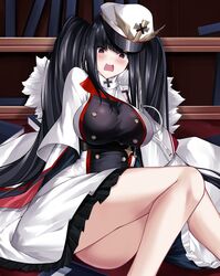  anchor_symbol ass azur_lane black_hair black_skirt blunt_bangs blush book bookshelf breasts buttons cape coat_dress commentary cross double-breasted dress female fur-trimmed_cape fur_trim hat highres iron_cross large_breasts long_hair looking_at_viewer open_mouth peaked_cap peter_strasser_(azur_lane) red_eyes shadow sidelocks sitting skirt skirt_under_dress solo taut_clothes taut_dress twintails underbust very_long_hair white_cape white_dress white_hat yan_lie 