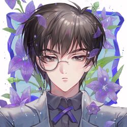  1boy bad_id bad_pixiv_id bellflower black_shirt blue_background border boutonniere brown_eyes brown_hair cardcaptor_sakura chinese_bellflower closed_mouth collared_shirt commentary cross_tie english_commentary engrish_commentary eyewear_strap floral_background flower grey_jacket jacket kinomoto_touya leaf looking_at_viewer maccha_(mochancc) male_focus monocle neck_ribbon outside_border petals portrait purple_flower purple_ribbon ribbon shirt short_hair solo sparkle white_border 