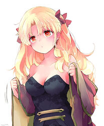  azumi_(myameco) bare_shoulders blonde_hair breasts bright_pupils cleavage cloak commentary_request ereshkigal_(fate) fate/grand_order fate_(series) female hair_ribbon holding holding_cloak holding_clothes long_hair medium_breasts off_shoulder red_cloak red_eyes red_ribbon ribbon simple_background solo two-sided_cloak two-sided_fabric two_side_up unworn_cloak white_background white_pupils yellow_cloak 