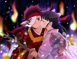  1boy blush butterfly_hair_ornament closed_eyes cosplay couple female fire hair_ornament kamado_tanjirou kamado_tanjurou kamado_tanjurou_(cosplay) kimetsu_no_yaiba kissing kissing_cheek san_mon side_ponytail straight tsuyuri_kanao 